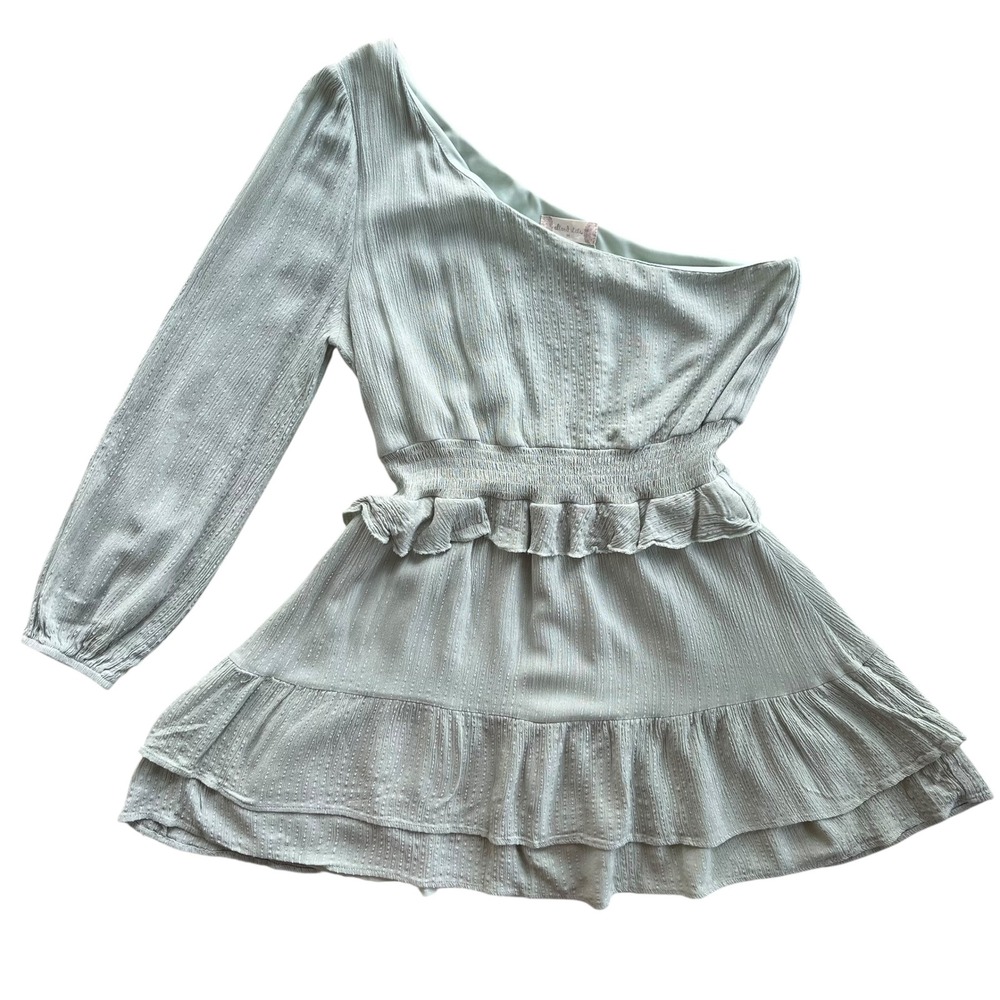 Altar'd State Womens M Teal Mint Green Metallic 1 Shoulder Ruffle Hem Mini Dress